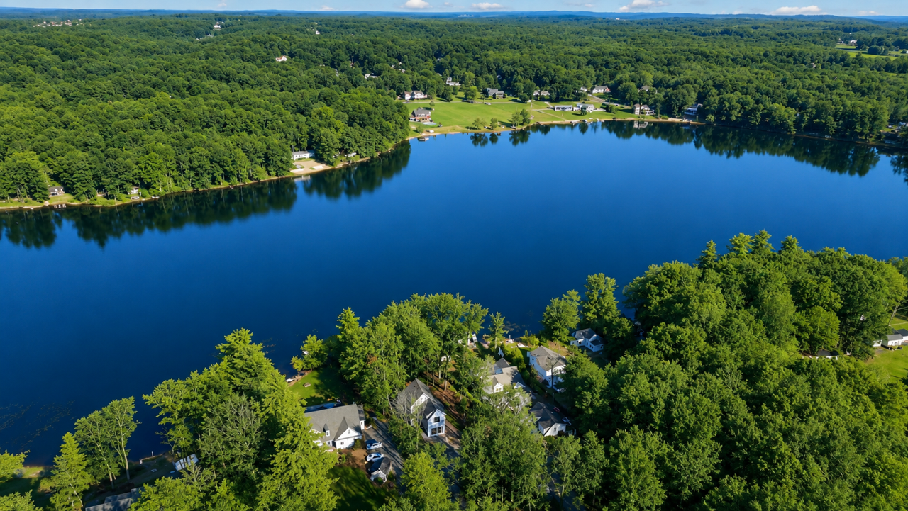 Aerial view of Capton’s Pond in Salem, NH known for boating, camping, fishing and swimming