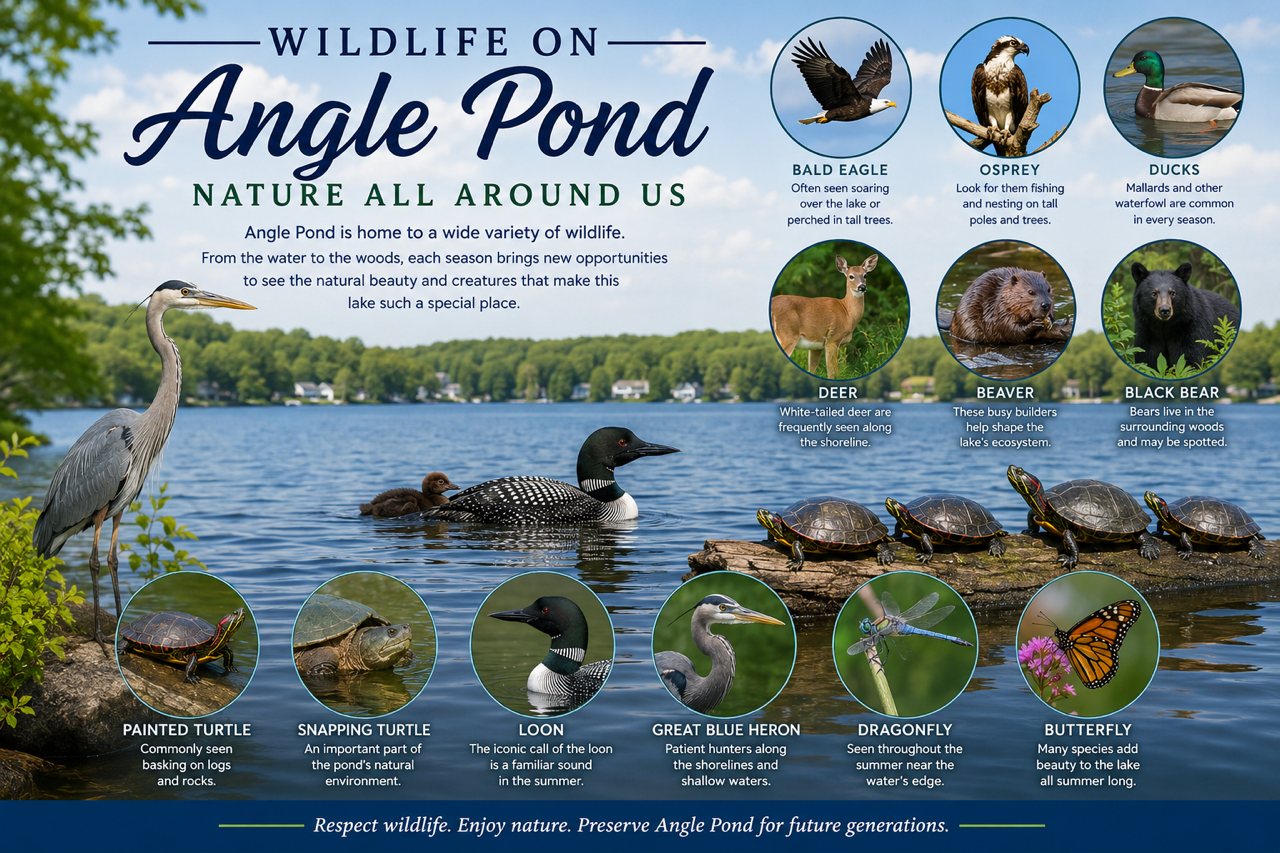 A graphic showing all the wildlife on Angle Pond Sandown and Hampstead NH