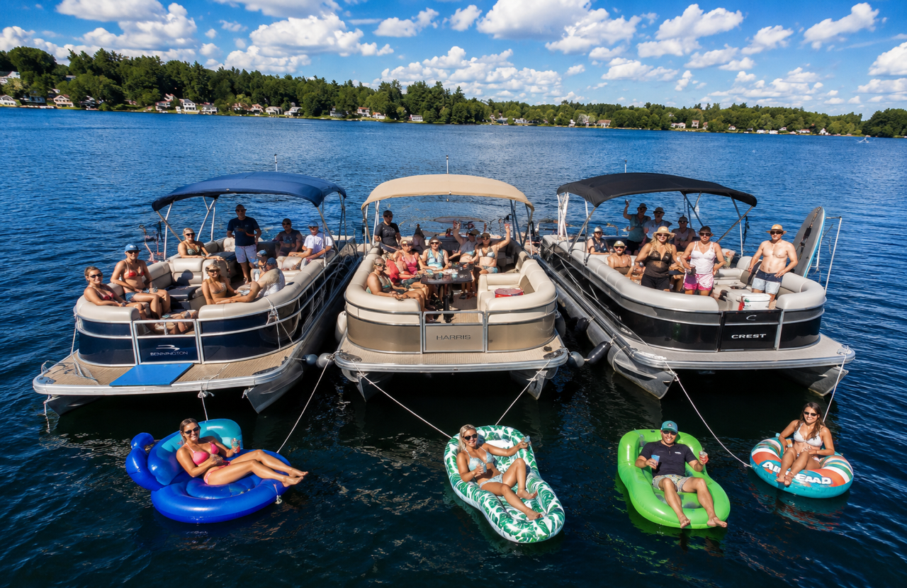 Summer fun on Angle Pond Sandown and Hampstead NH. A popular option for boating is pontoon boats like these.