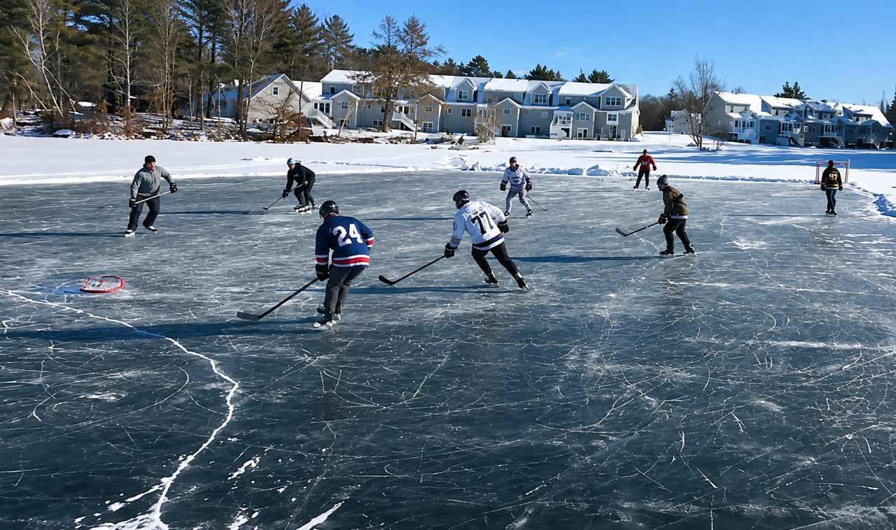 Winter sports on Angle Pond Sandown and Hampstead NH with residents clearing the lake to play hockey