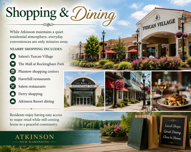 A graphic about Atkinson, NH showing nearby shops and restaurants