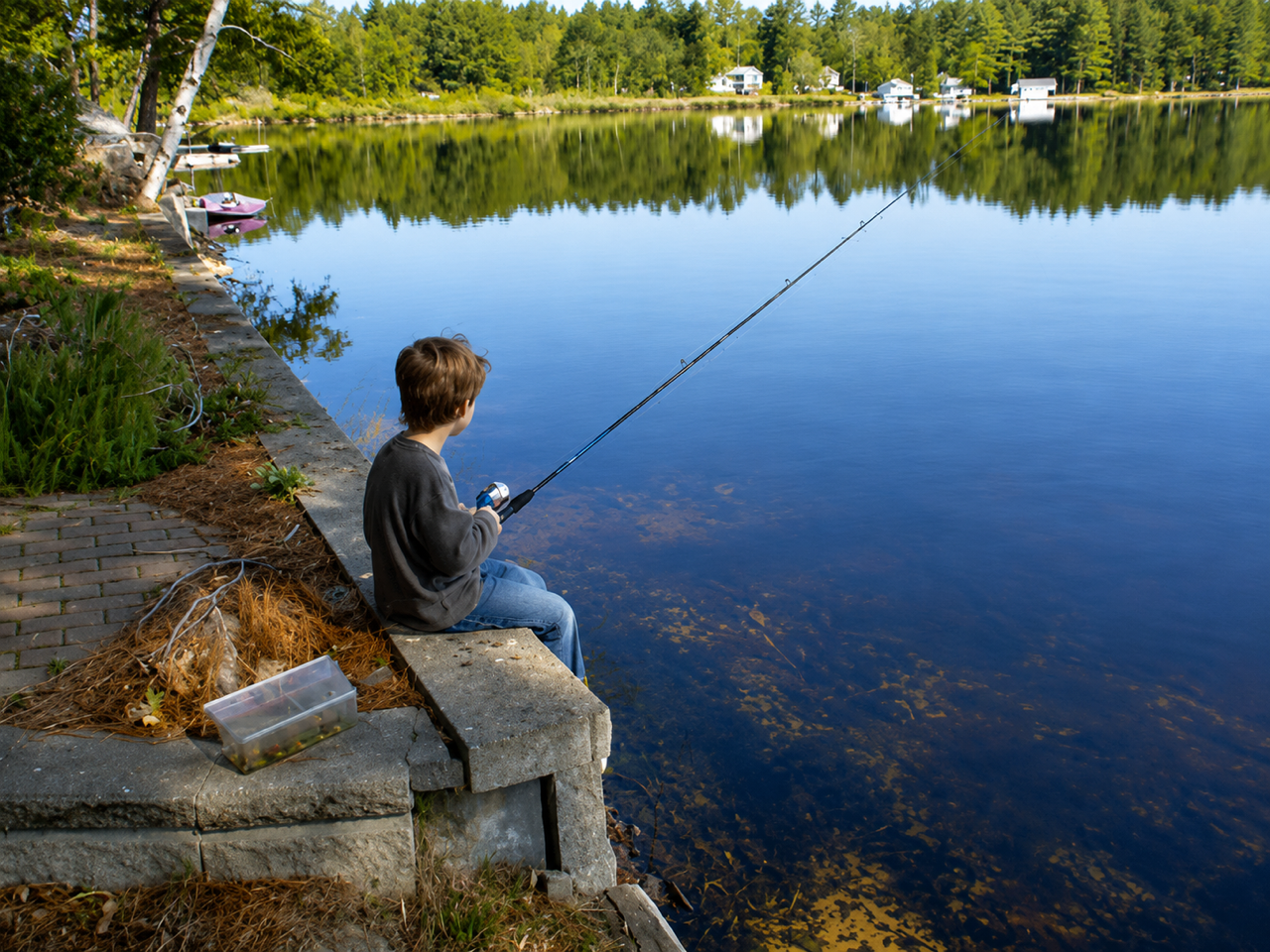 Young boy fishes on Great Pond in Kingston NH