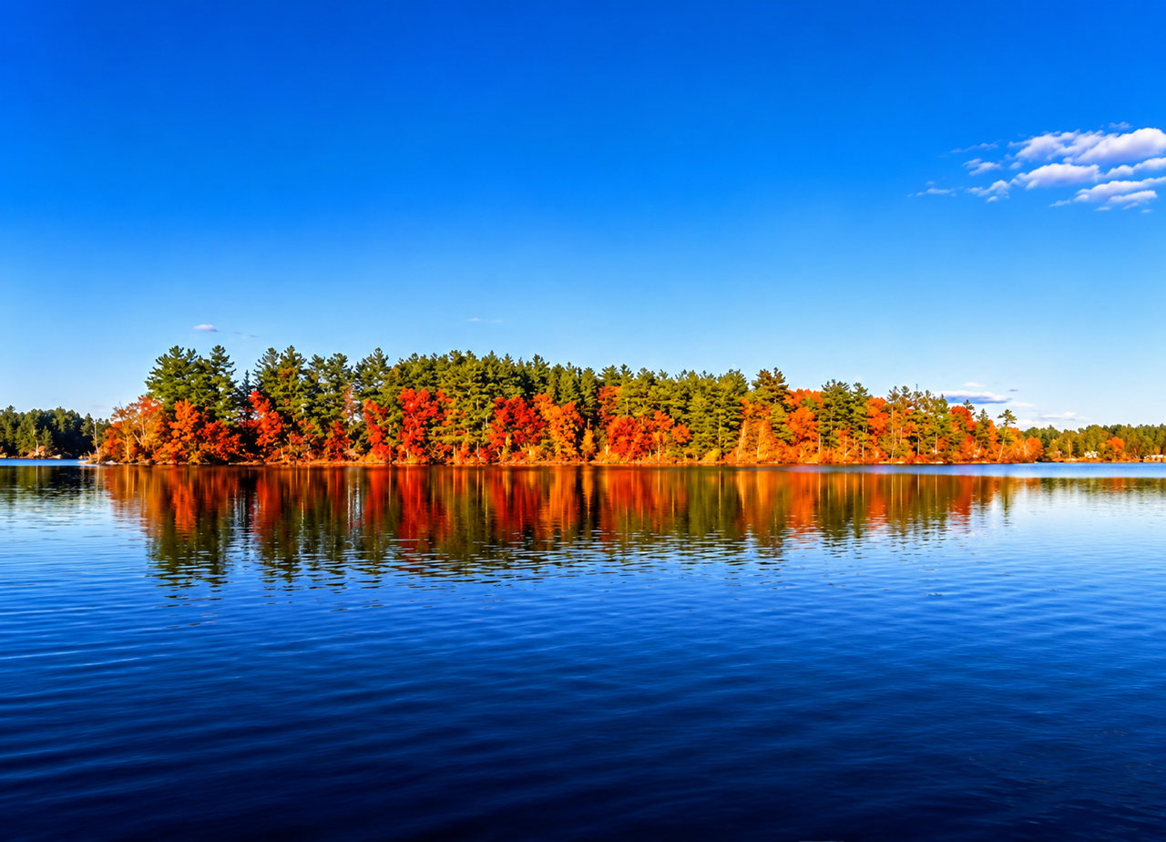 Fall foliage along the waterfront shores of Country Pond in Kingston and Newton NH