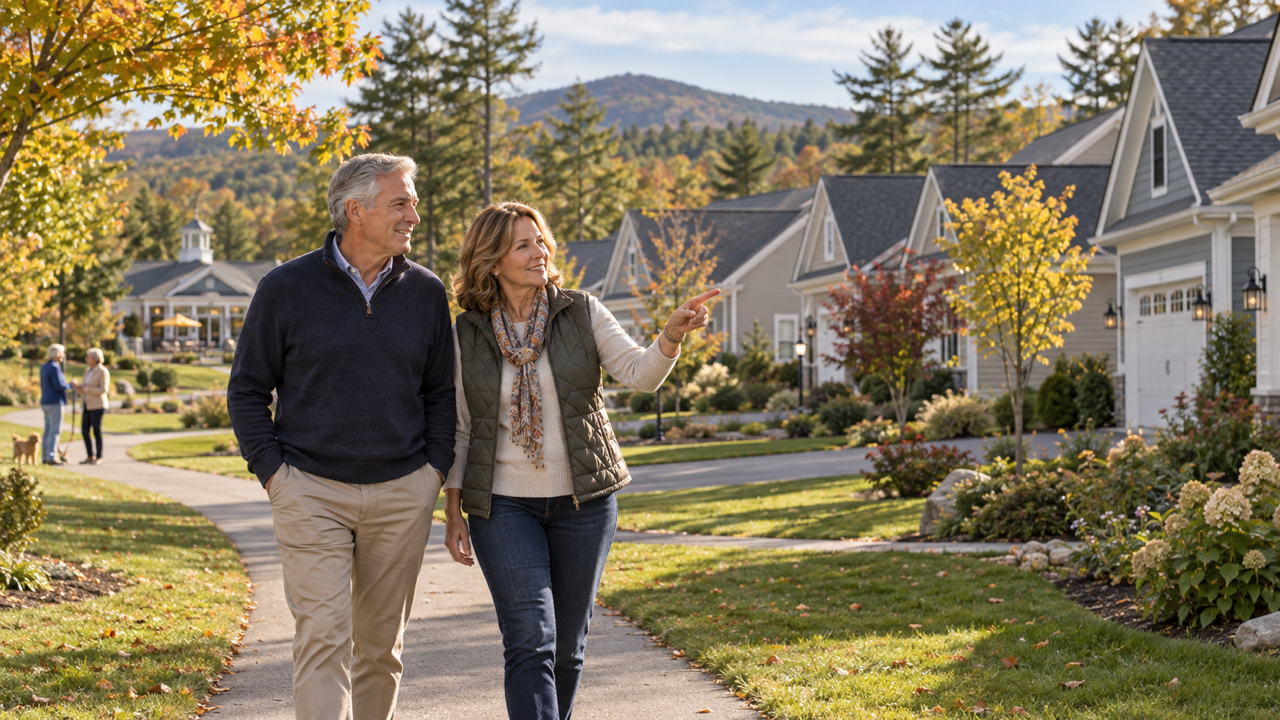 Couple walking in a 55+ age restricted community in southern New Hampshire